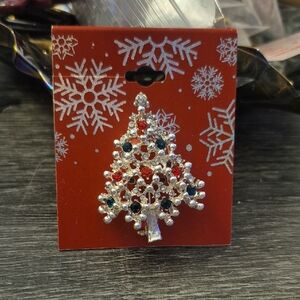 Christmas Tree Brooch Red And Green Rhinestone Silver tone